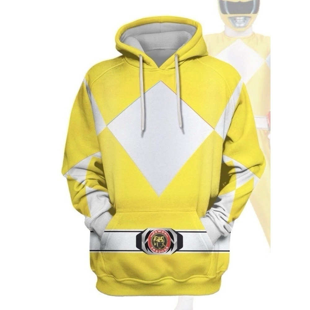Power Rangers Hoodie Yellow Ranger Mighty Morphin Sweatshirt Adult‎ Medium